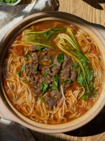 Close up shot of the finished noodle soup