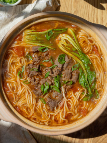 Close up shot of the finished noodle soup